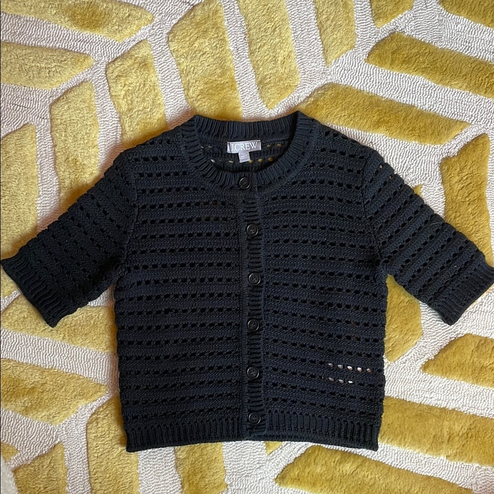 JCrew Short Sleeve Black Open Knit Sweater Cardigan Size XXS